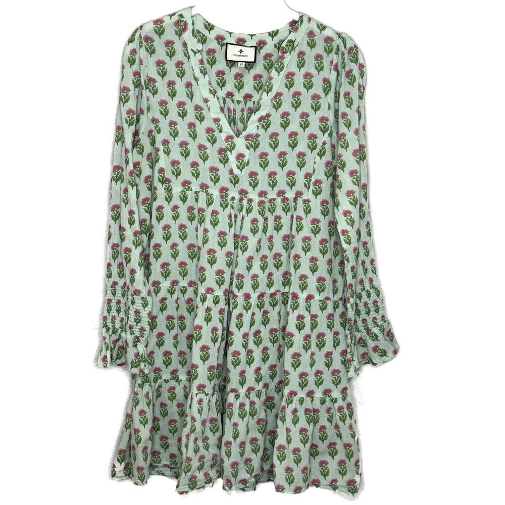 Tuckernuck Dress Womens XS Green Pink Floral Long Sleeve V Neck Tiered Boho